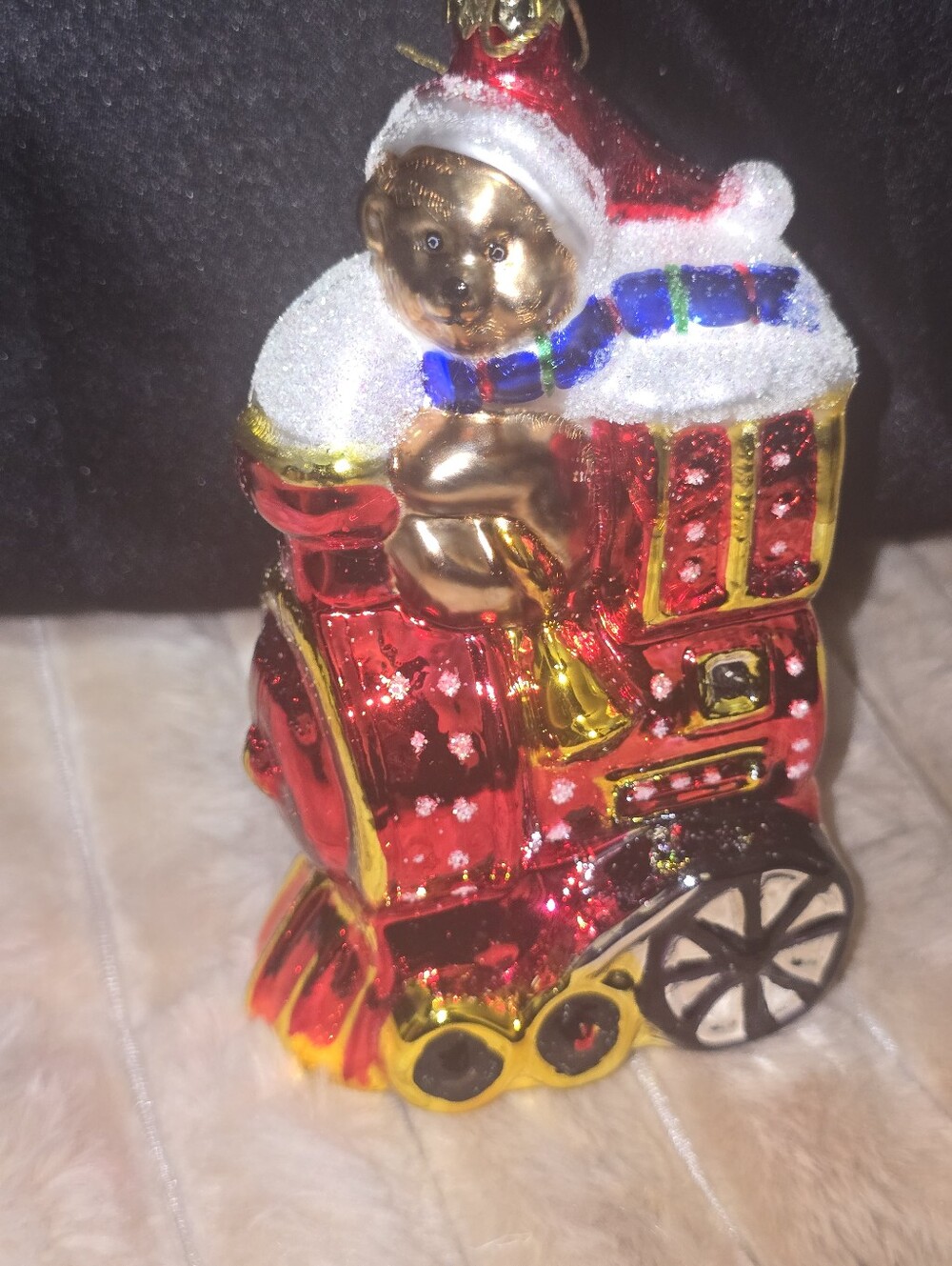 Vintage Blown Glass Teddy Bear Driving Train Locomotive Christmas Ornament - Red